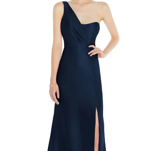 Alfred Sung Midnight Blue Draped One-Shoulder Satin Trumpet Gown D827 - Picture 1 of 6